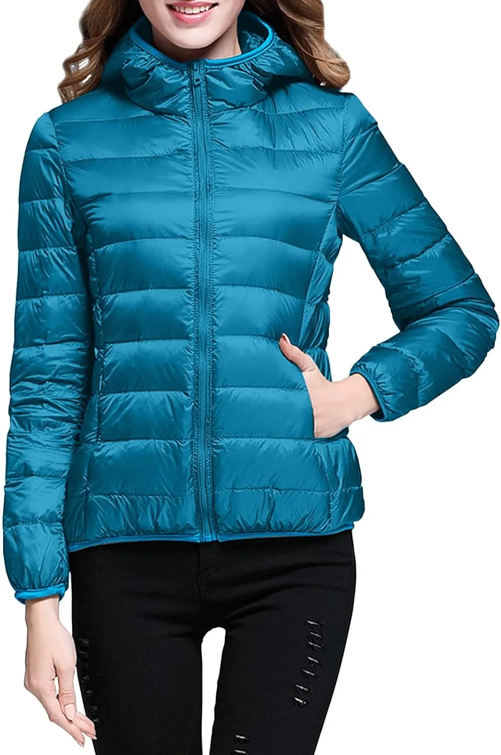 Women's Casual Lightweight Hooded Down Jacket Solid Color Casual Down Packable Warm Winter Jacket
