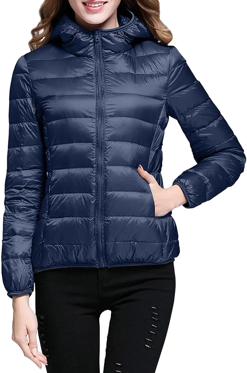 Women's Casual Lightweight Hooded Down Jacket Solid Color Casual Down Packable Warm Winter Jacket