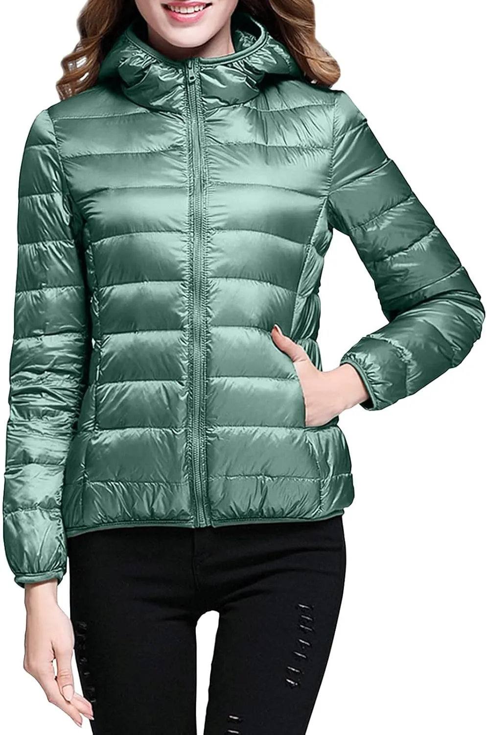 Women's Casual Lightweight Hooded Down Jacket Solid Color Casual Down Packable Warm Winter Jacket