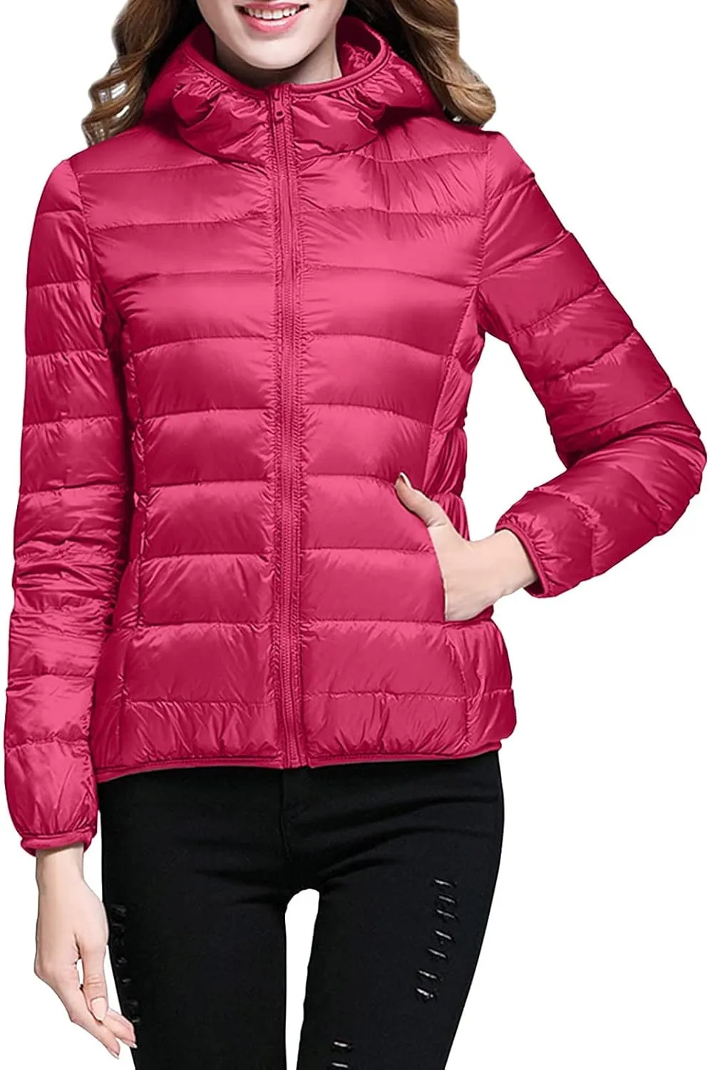 Women's Casual Lightweight Hooded Down Jacket Solid Color Casual Down Packable Warm Winter Jacket