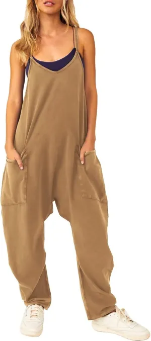 Women's Casual Loose Jumpsuits V Neck Sleeveless Harem Overalls Baggy Overalls Adjustable Strap Romper with Pochets