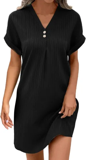 Women's Casual T Shirt Dress Summer V Neck Button Short Sleeve Dresses 2025 Mini Sundresses Linen Dress Women