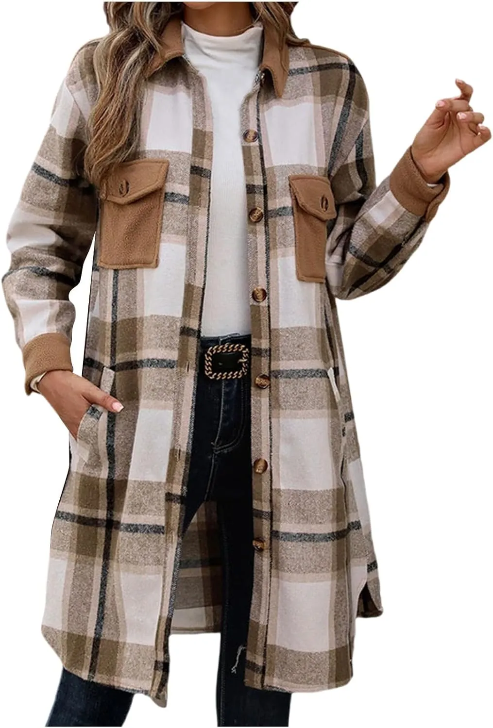 Women's Casual Wool Blend Long Plaid Trench Coat Shirt 2024 Fall Winter Trendy Tartan Button Down Lapel Jacket