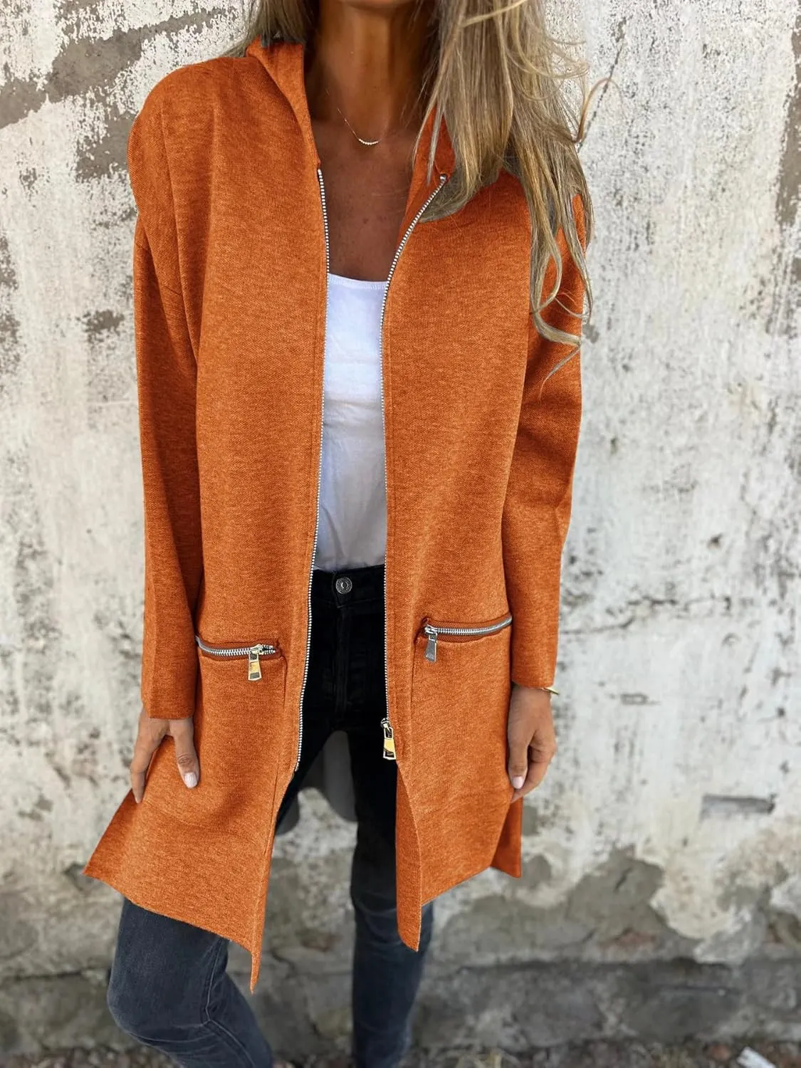 Women's Casual Zip Up Hooded Jacket Long Sleeve Solid Color Fall Winter Long Trench Coat with Pockets