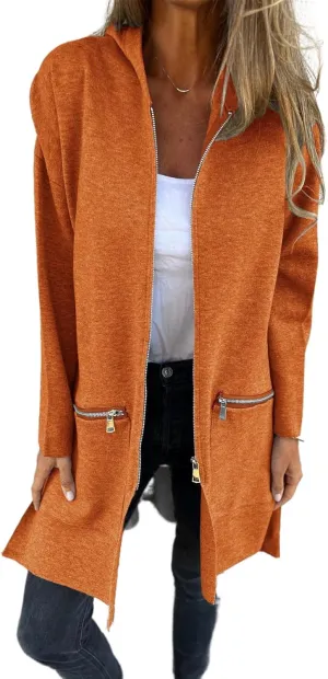 Women's Casual Zip Up Hooded Jacket Long Sleeve Solid Color Fall Winter Long Trench Coat with Pockets