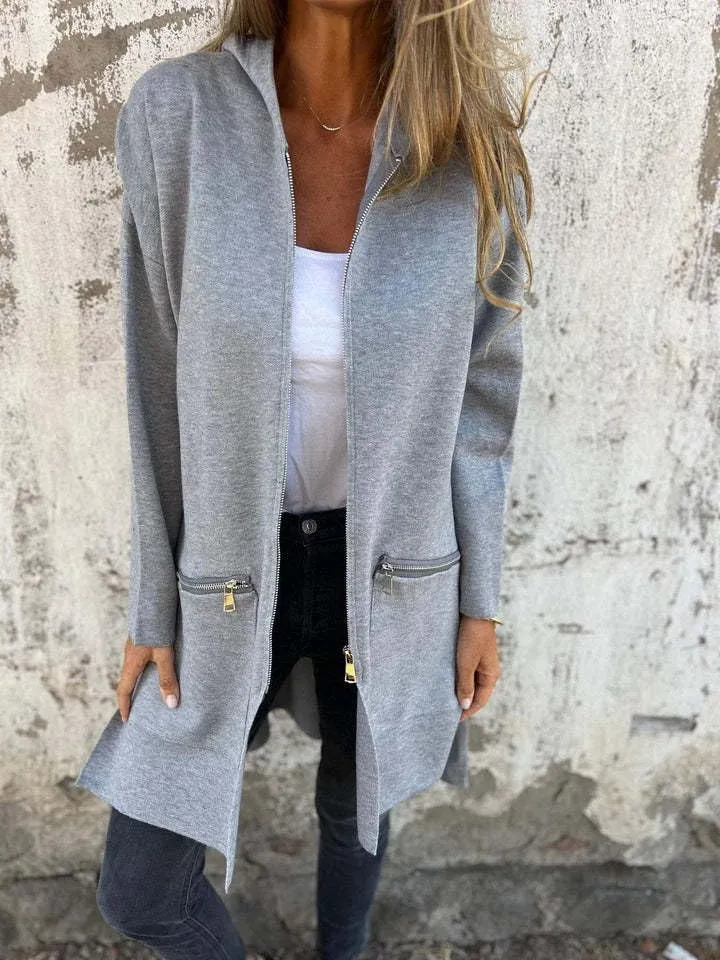 Women's Casual Zip Up Hooded Jacket Long Sleeve Solid Color Fall Winter Long Trench Coat with Pockets