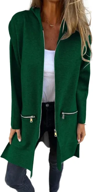 Women's Casual Zip Up Hooded Jacket Long Sleeve Solid Color Fall Winter Long Trench Coat with Pockets