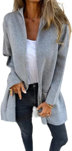 Women's Casual Zip Up Hooded Jacket Long Sleeve Solid Color Fall Winter Long Trench Coat with Pockets