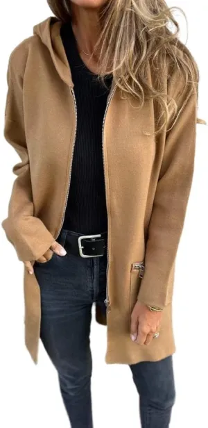 Women's Casual Zip Up Hooded Jacket Long Sleeve Solid Color Fall Winter Long Trench Coat with Pockets