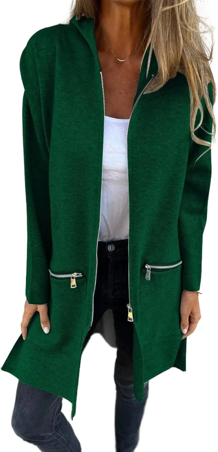 Women's Casual Zip Up Hooded Jacket Long Sleeve Solid Color Fall Winter Long Trench Coat with Pockets