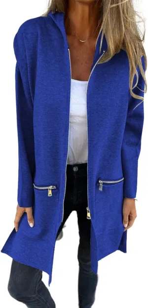 Women's Casual Zip Up Hooded Jacket Long Sleeve Solid Color Fall Winter Long Trench Coat with Pockets