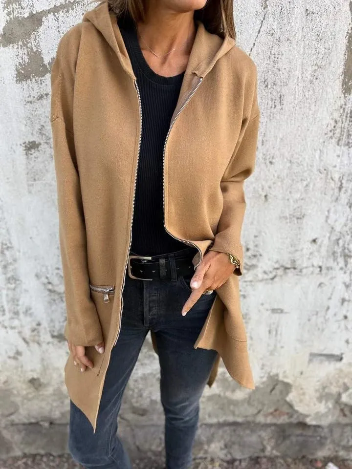 Women's Casual Zip Up Hooded Jacket Long Sleeve Solid Color Fall Winter Long Trench Coat with Pockets