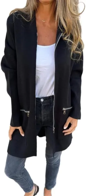Women's Casual Zip Up Hooded Jacket Long Sleeve Solid Color Fall Winter Long Trench Coat with Pockets