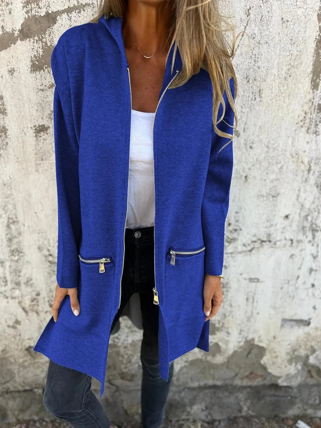 Women's Casual Zip Up Hooded Jacket Long Sleeve Solid Color Fall Winter Long Trench Coat with Pockets