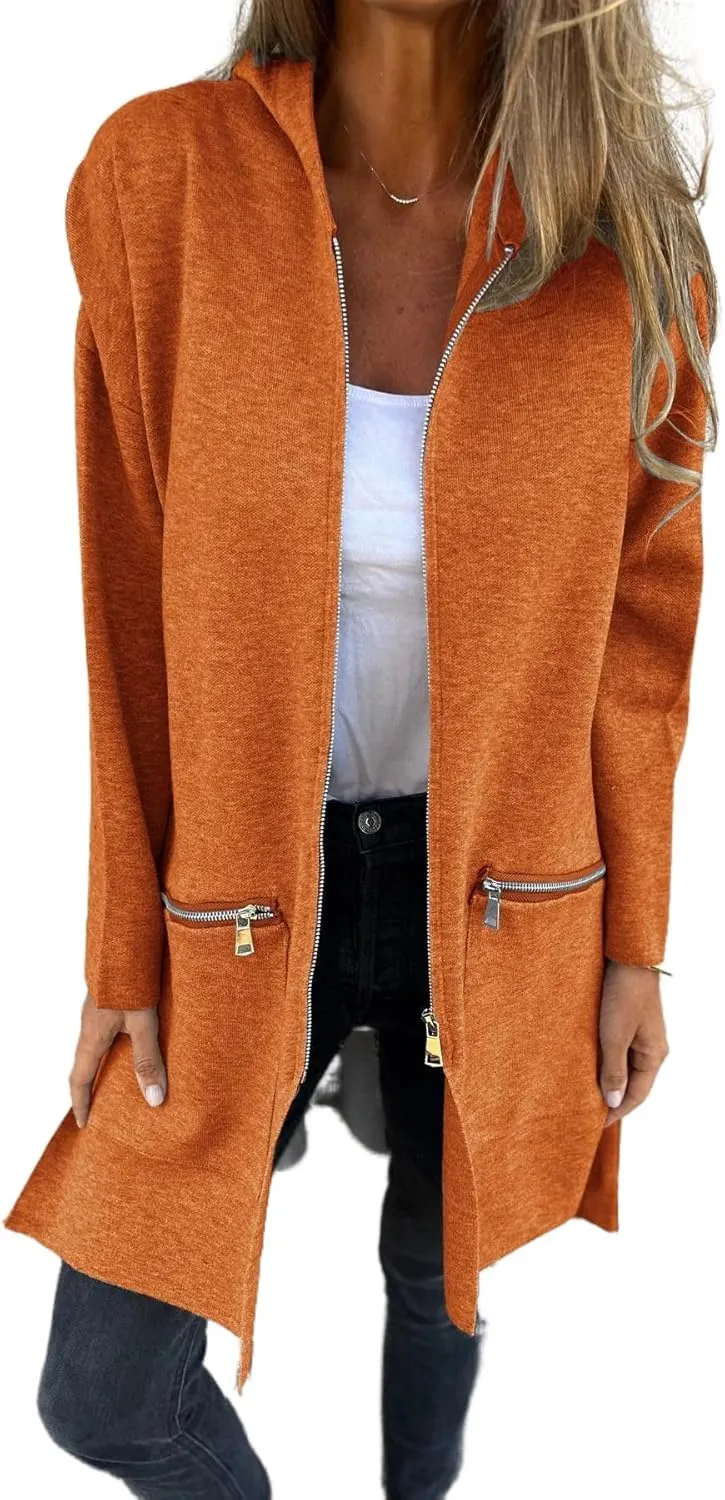 Women's Casual Zip Up Hooded Jacket Long Sleeve Solid Color Fall Winter Long Trench Coat with Pockets