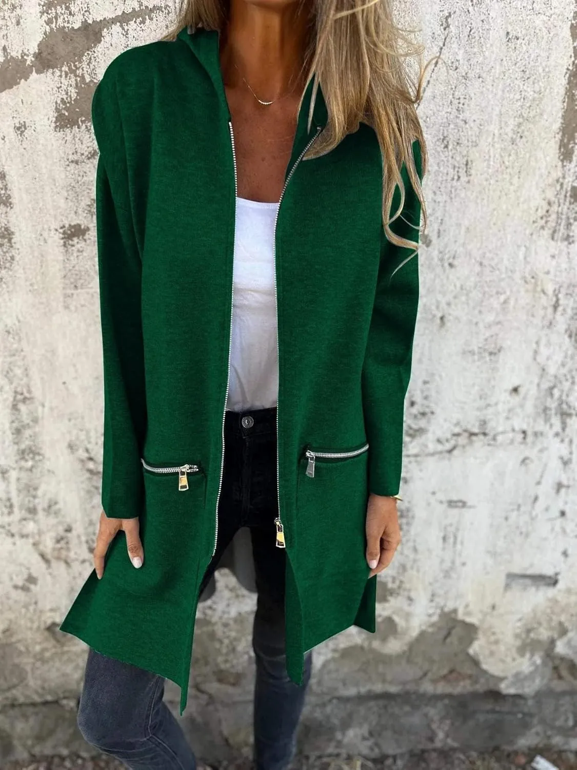Women's Casual Zip Up Hooded Jacket Long Sleeve Solid Color Fall Winter Long Trench Coat with Pockets