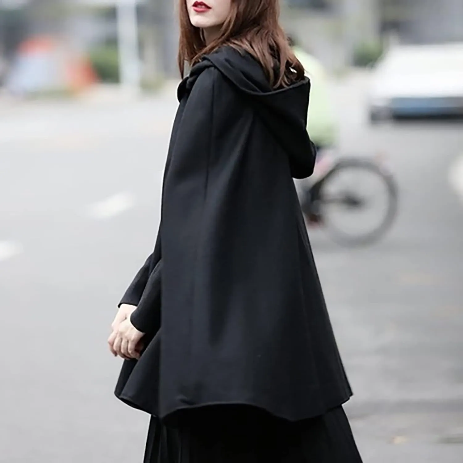 Women's Cloak Hood Wool-Blend Cape Coat Winter Cardigans Plus Size Thick Coat Solid/Classic Scotland Plaid Jackets