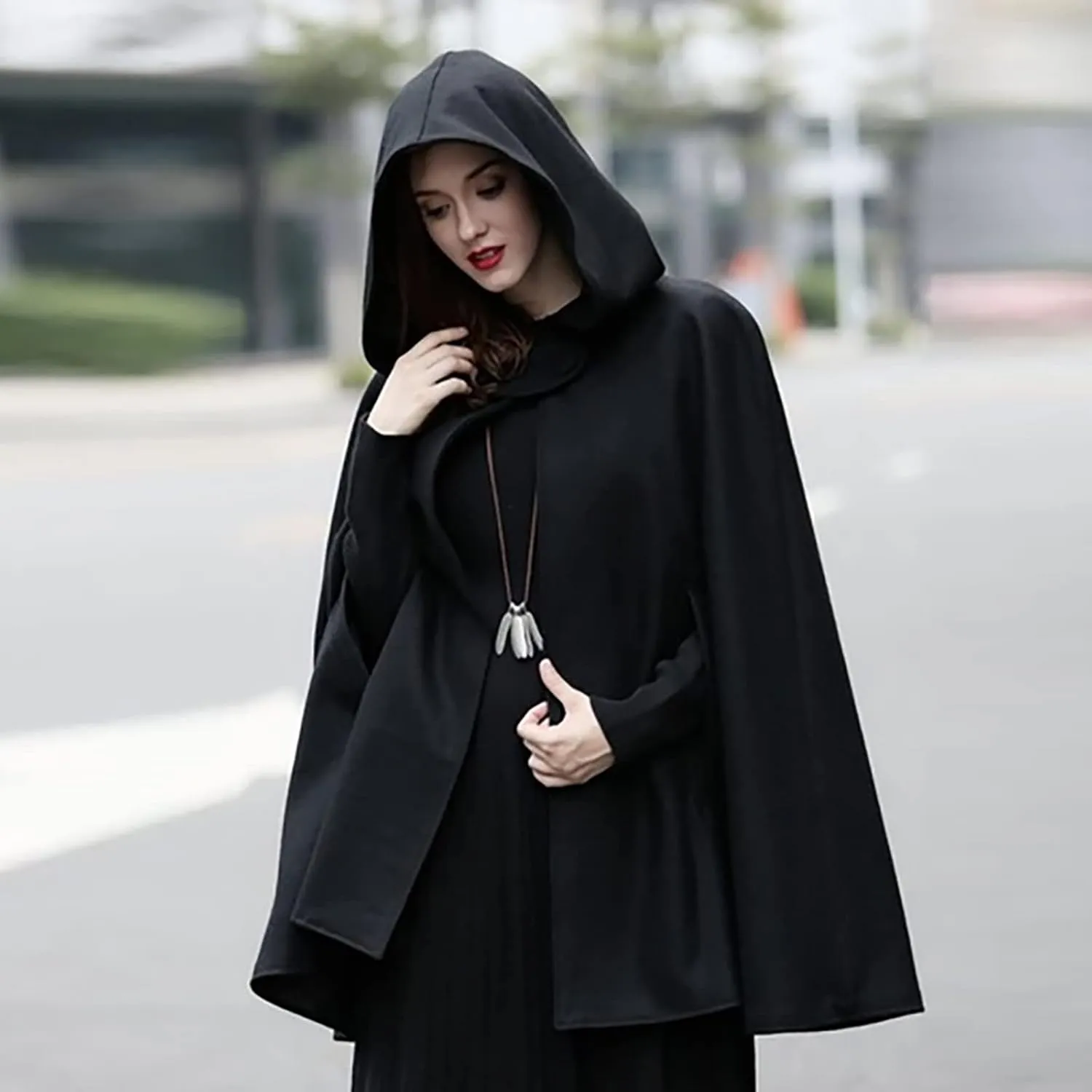 Women's Cloak Hood Wool-Blend Cape Coat Winter Cardigans Plus Size Thick Coat Solid/Classic Scotland Plaid Jackets