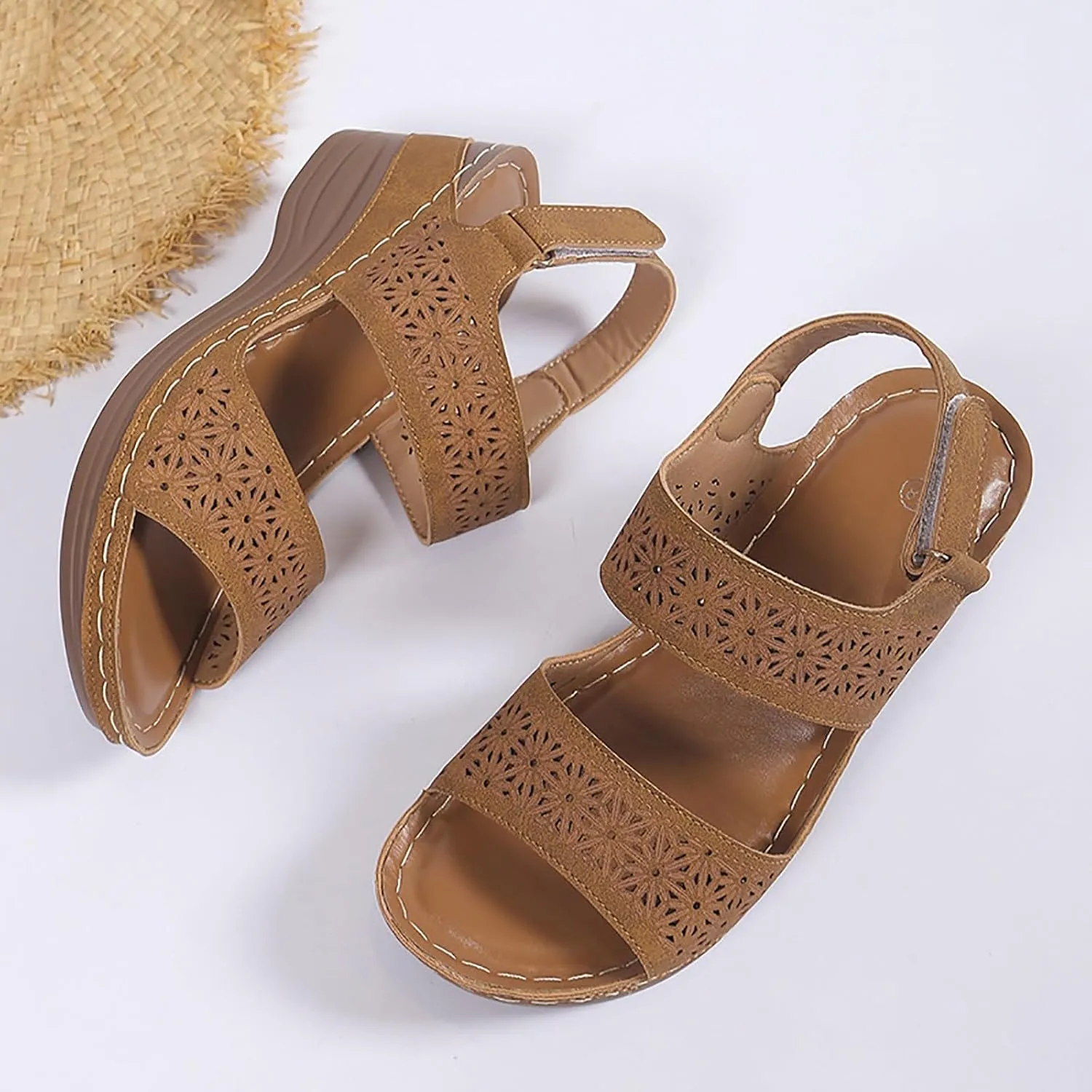 Womens Comfortable Open Toe Crisscross Straps Slip on Wedge Sandals Orthopedic Dressy Walking Casual Beach Low Slingback Retro with Platform Arch Support Ankle Strap Summer Wedges Sandal