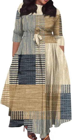 Women's Cruise Outfits 2025 Summer Casual Loose Trendy Round Neck 3/4 Sleeve Solid Floral Print Maxi Dress Plus Size, XL-5XL