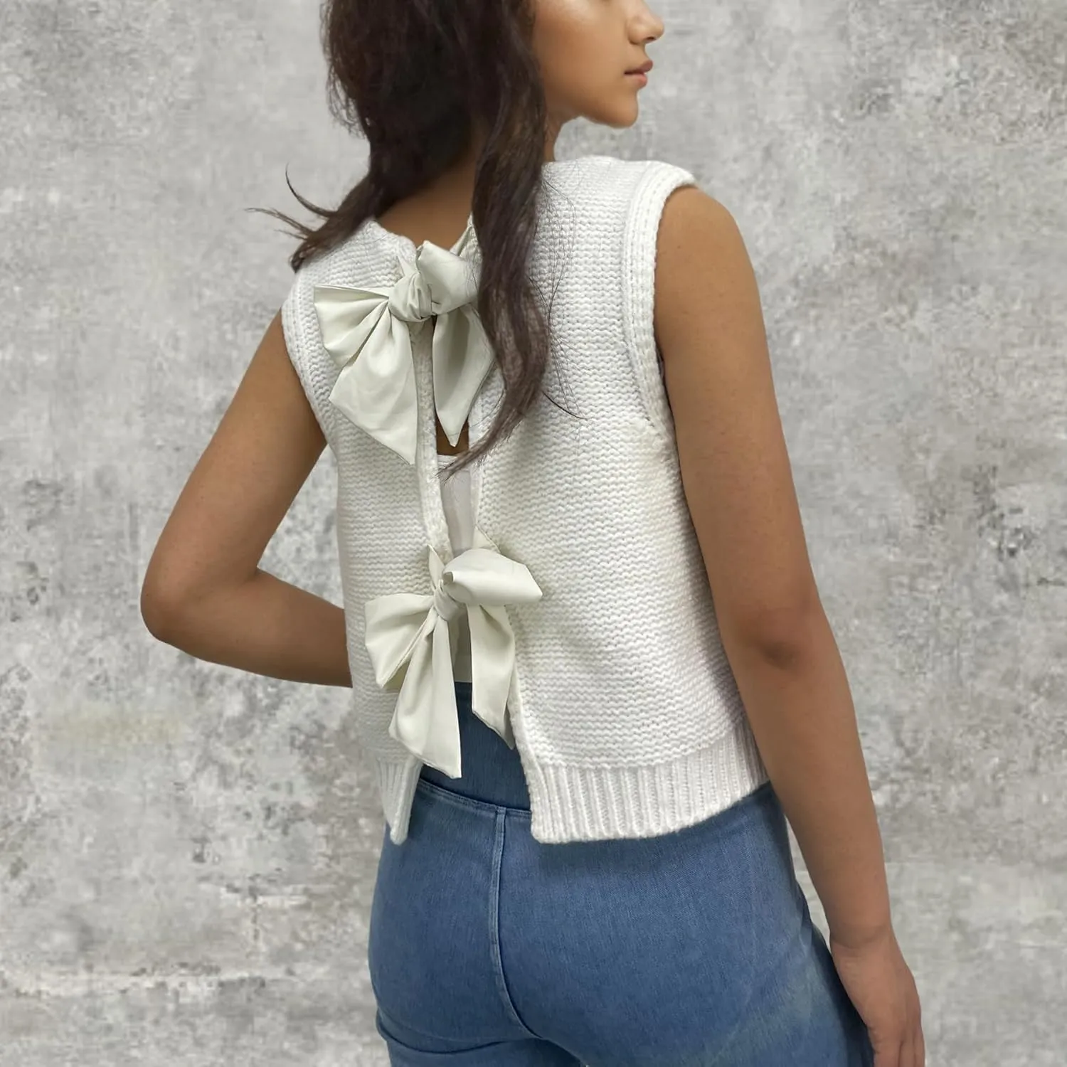 Womens Cute Bow Tie Open Back Cropped Sweater Vest Knit Tank Tops Y2k Girls Sleeveless Cardigan Pullover Shirts