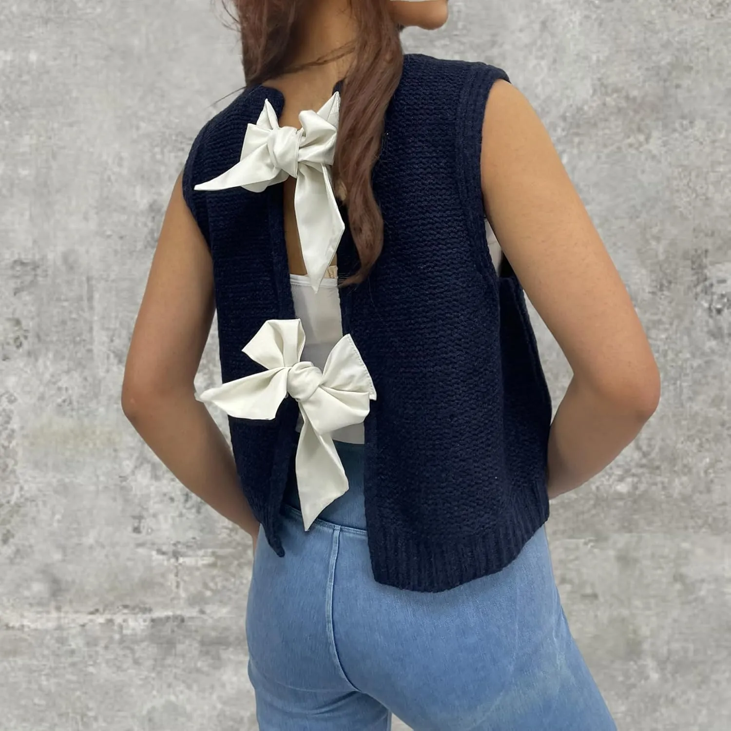 Womens Cute Bow Tie Open Back Cropped Sweater Vest Knit Tank Tops Y2k Girls Sleeveless Cardigan Pullover Shirts