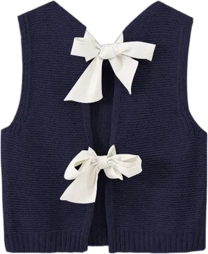 Womens Cute Bow Tie Open Back Cropped Sweater Vest Knit Tank Tops Y2k Girls Sleeveless Cardigan Pullover Shirts