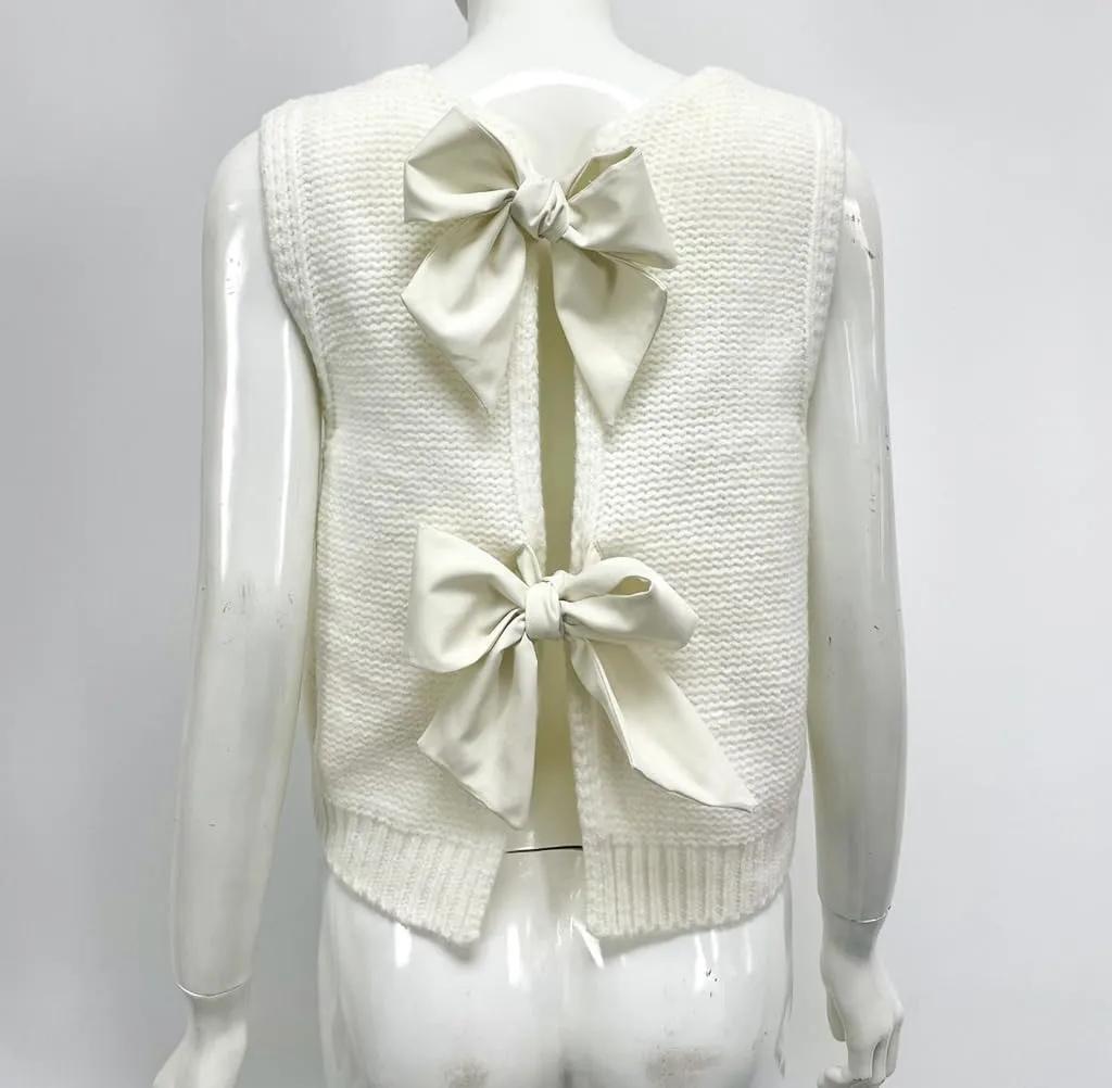 Womens Cute Bow Tie Open Back Cropped Sweater Vest Knit Tank Tops Y2k Girls Sleeveless Cardigan Pullover Shirts