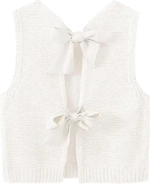 Womens Cute Bow Tie Open Back Cropped Sweater Vest Knit Tank Tops Y2k Girls Sleeveless Cardigan Pullover Shirts
