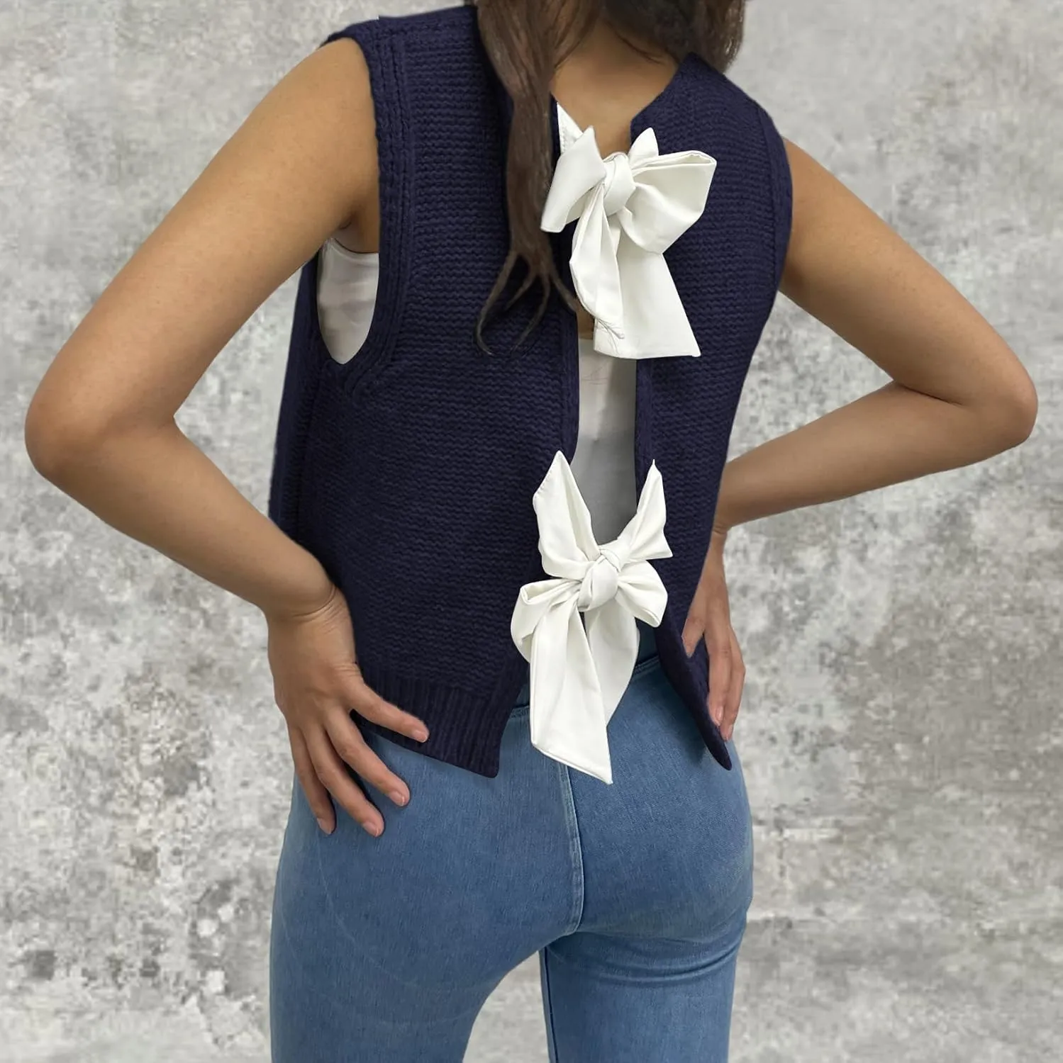 Womens Cute Bow Tie Open Back Cropped Sweater Vest Knit Tank Tops Y2k Girls Sleeveless Cardigan Pullover Shirts