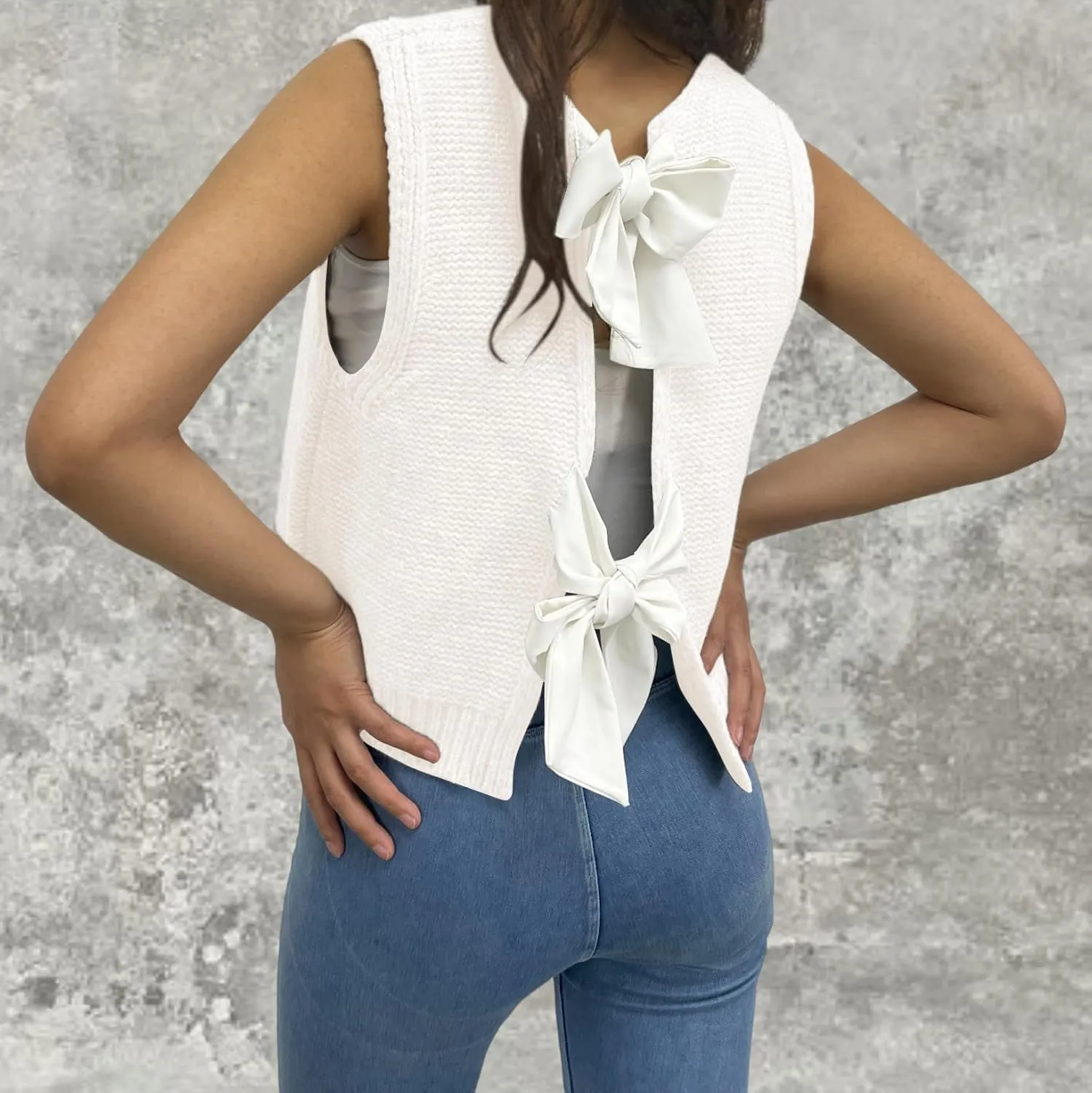 Womens Cute Bow Tie Open Back Cropped Sweater Vest Knit Tank Tops Y2k Girls Sleeveless Cardigan Pullover Shirts
