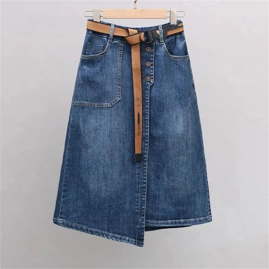 Women's Denim Skirts High-Waisted Jeans Skirts Streetwear Sexy Sheath Skirts Belt Split Retro Skirt