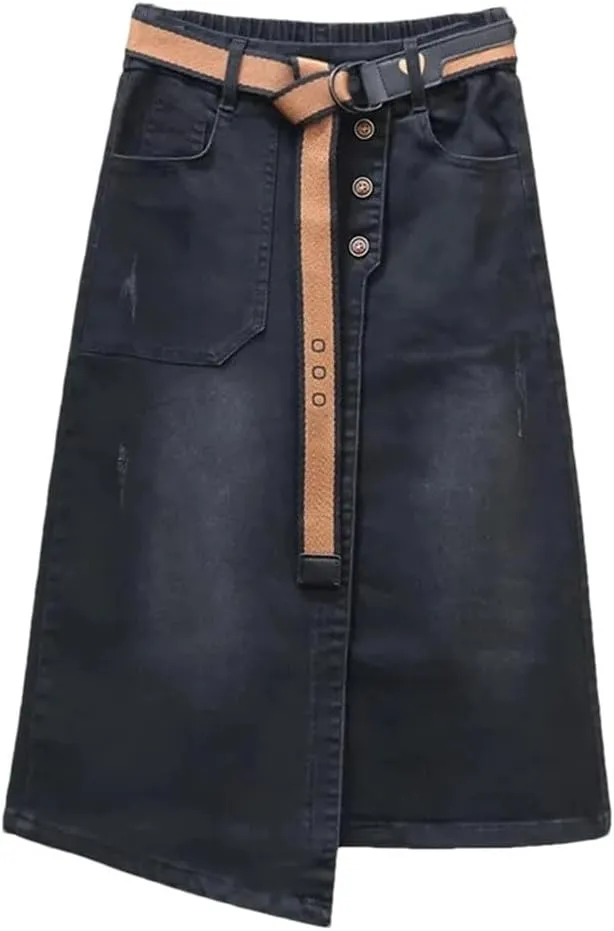 Women's Denim Skirts High-Waisted Jeans Skirts Streetwear Sexy Sheath Skirts Belt Split Retro Skirt
