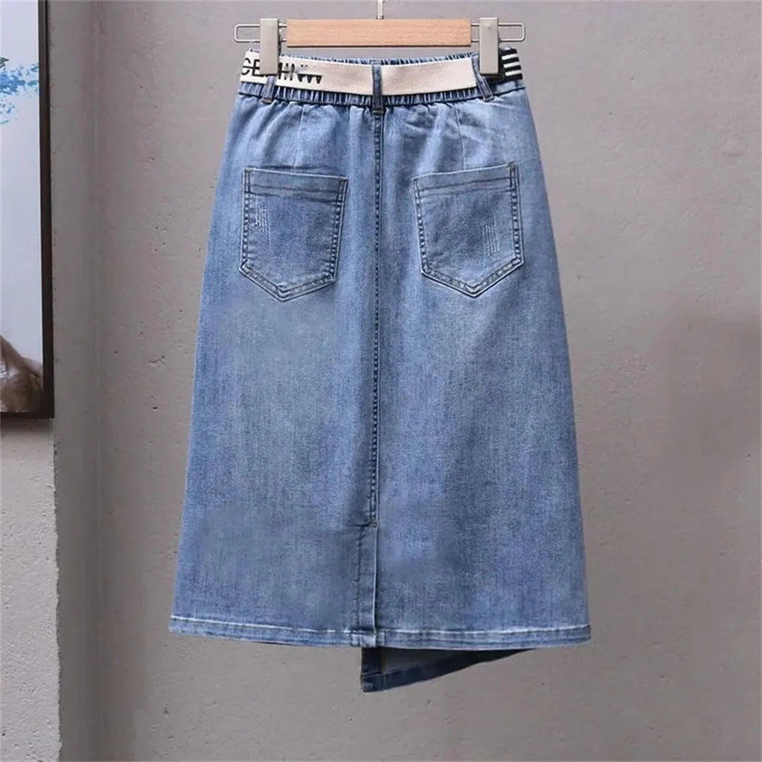 Women's Denim Skirts High-Waisted Jeans Skirts Streetwear Sexy Sheath Skirts Belt Split Retro Skirt