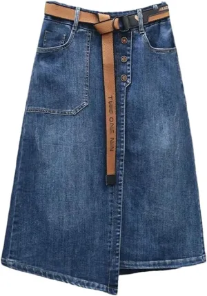 Women's Denim Skirts High-Waisted Jeans Skirts Streetwear Sexy Sheath Skirts Belt Split Retro Skirt