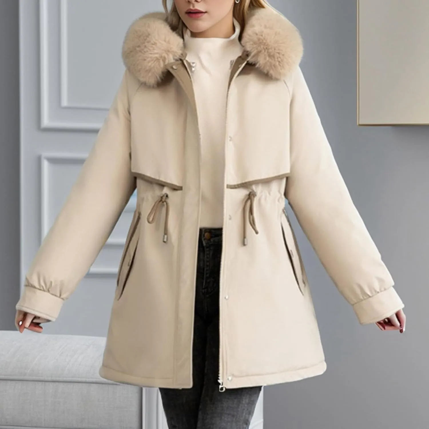 Womens Down Jacket Lightweight Quilted Jacket with Detachable Liner Pile Collar Mid Length Winter Puffer Coat Pocket