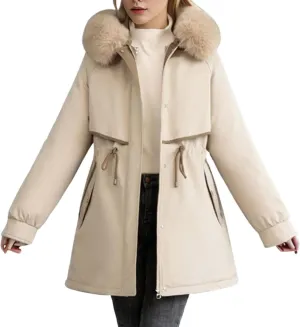 Womens Down Jacket Lightweight Quilted Jacket with Detachable Liner Pile Collar Mid Length Winter Puffer Coat Pocket