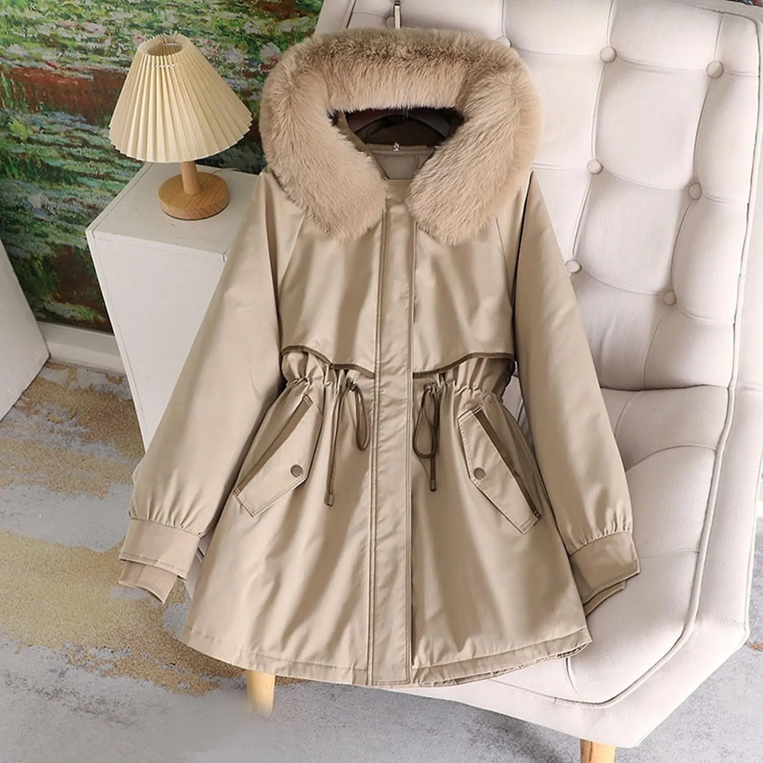 Womens Down Jacket Lightweight Quilted Jacket with Detachable Liner Pile Collar Mid Length Winter Puffer Coat Pocket