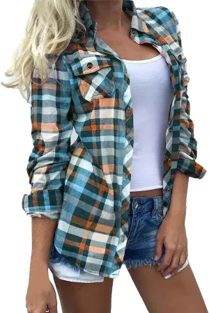 Womens Fashion Shirts Plaid Color Block Lapel Collar Roll Up Long Sleeve Button Cardigan Loose Fit Work Party Blouse