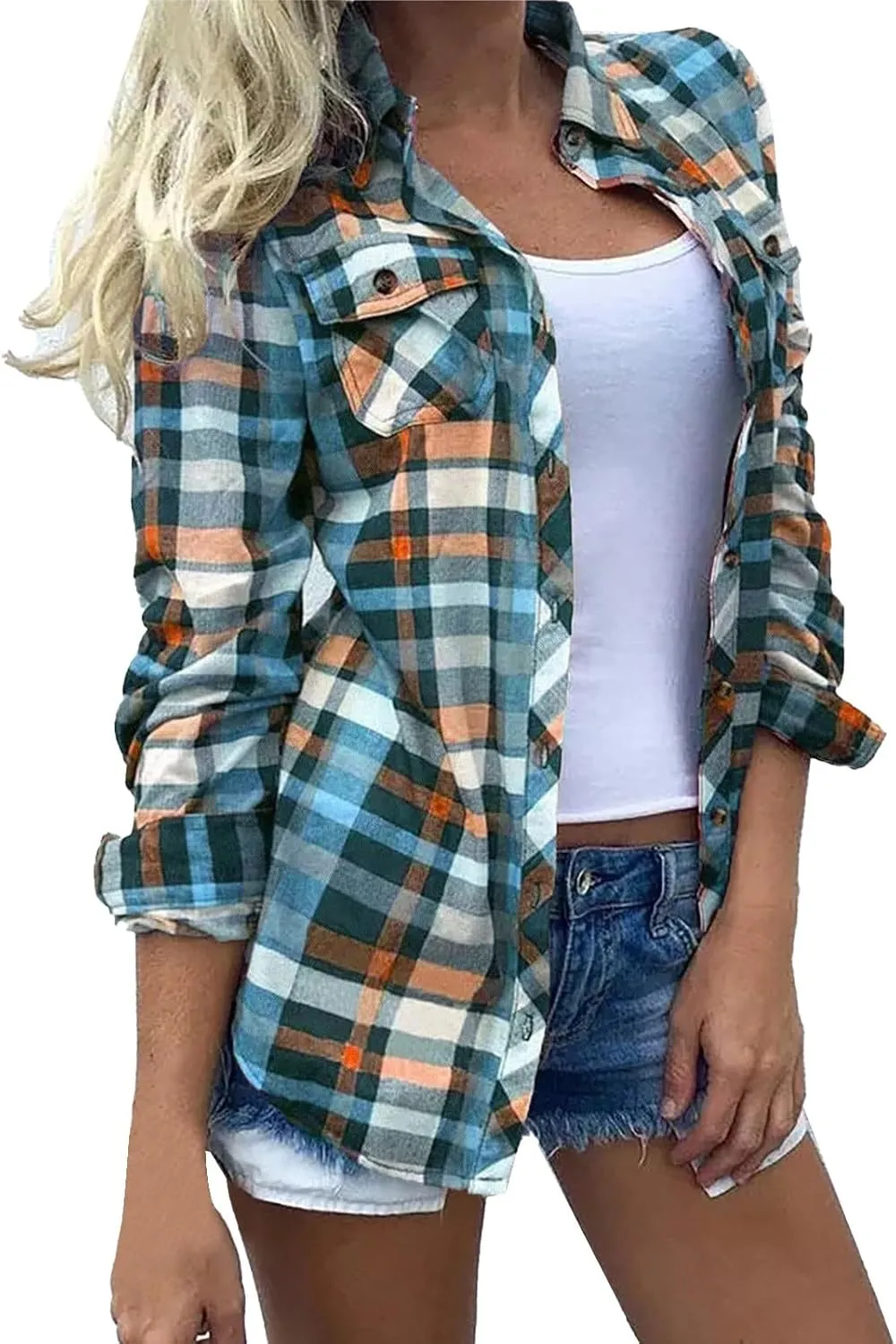 Womens Fashion Shirts Plaid Color Block Lapel Collar Roll Up Long Sleeve Button Cardigan Loose Fit Work Party Blouse
