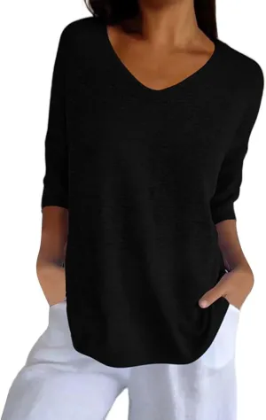 Womens Fashion Sweaters Loose V Neck 3/4 Length Sleeve Pullover Knitted Shirts Fall Solid Color Slouchy Crochet Tops