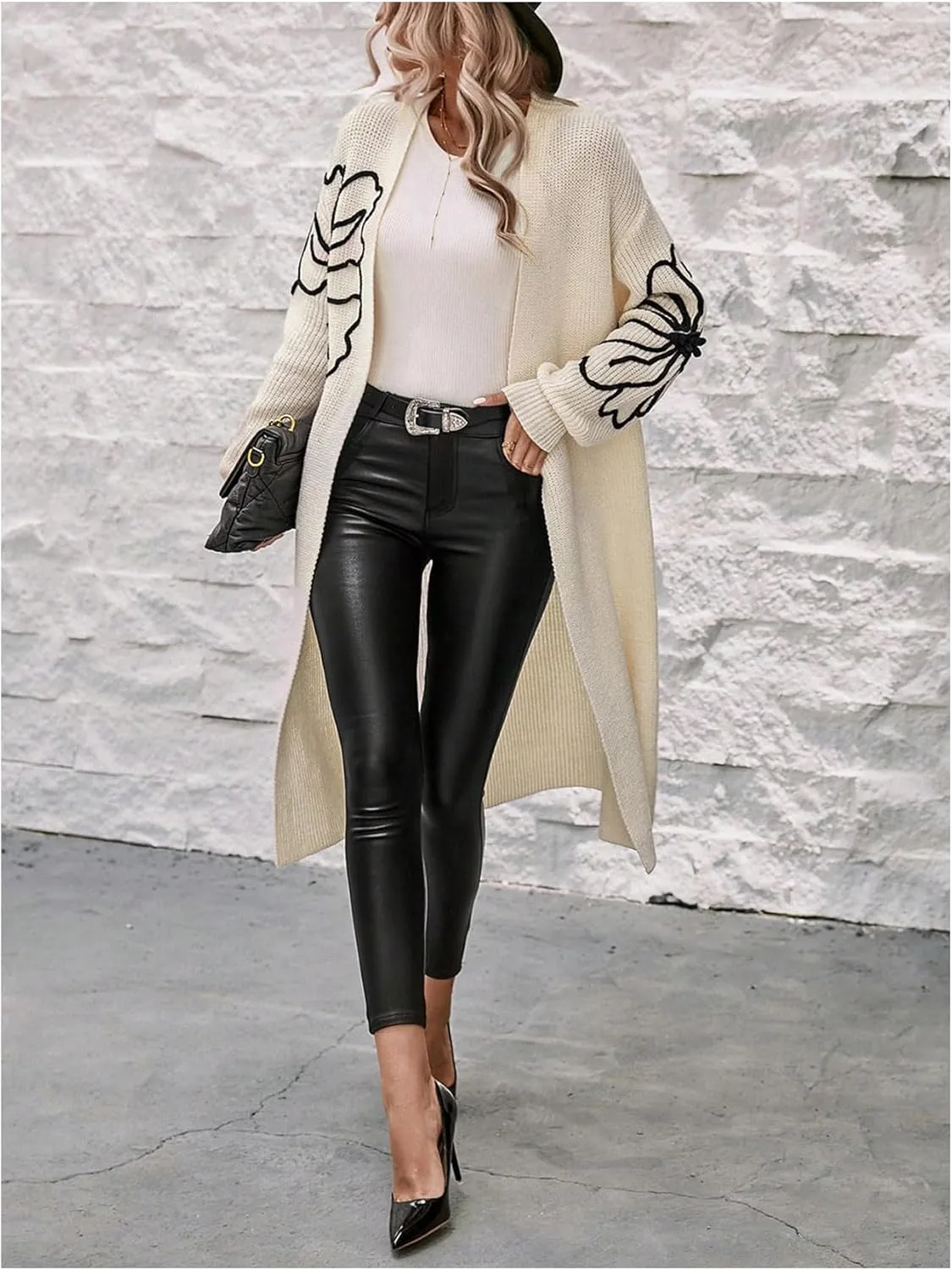 Women's Floral Pattern Cardigan Sweater Open Front Long Sleeve Loose Casual Outwear