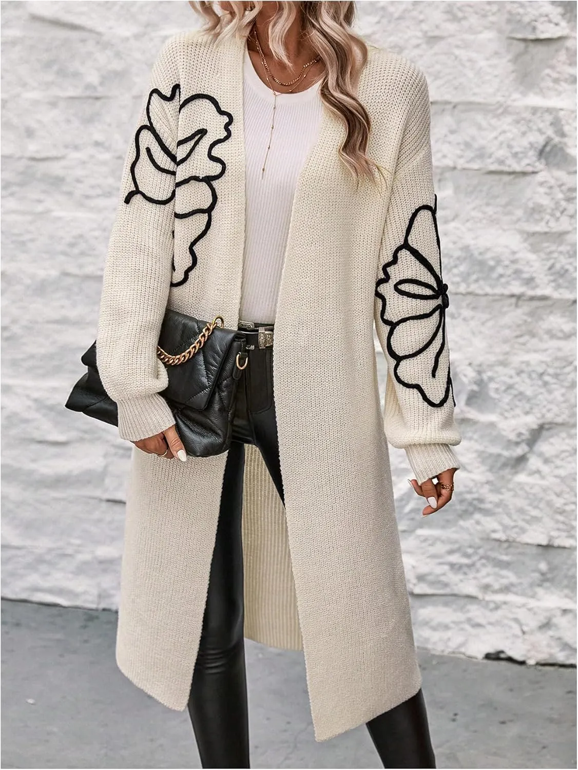Women's Floral Pattern Cardigan Sweater Open Front Long Sleeve Loose Casual Outwear