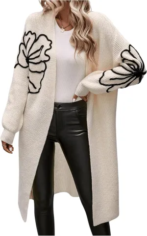 Women's Floral Pattern Cardigan Sweater Open Front Long Sleeve Loose Casual Outwear
