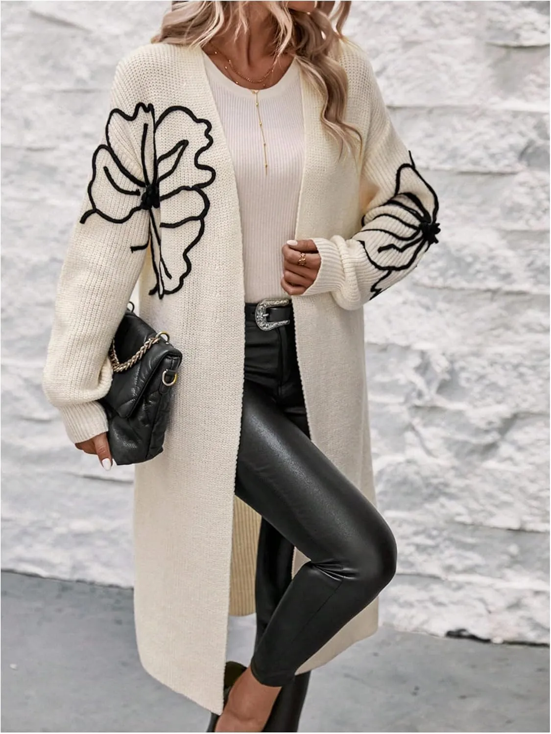 Women's Floral Pattern Cardigan Sweater Open Front Long Sleeve Loose Casual Outwear