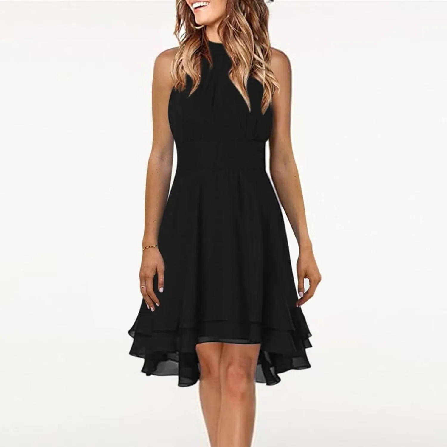 Womens Formal Off Shoulder Chiffon Halter Dresses Trendy Plus Size Sexy Sleeveless Smocked Flowy Elegant Midi Dress