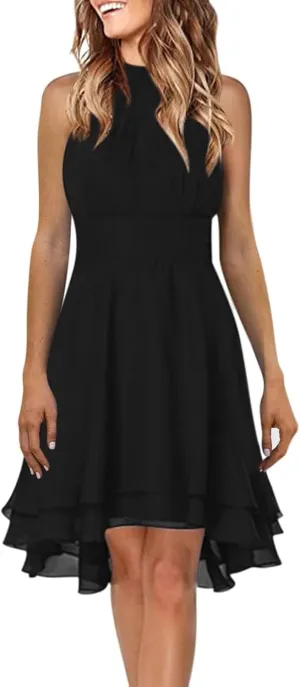 Womens Formal Off Shoulder Chiffon Halter Dresses Trendy Plus Size Sexy Sleeveless Smocked Flowy Elegant Midi Dress