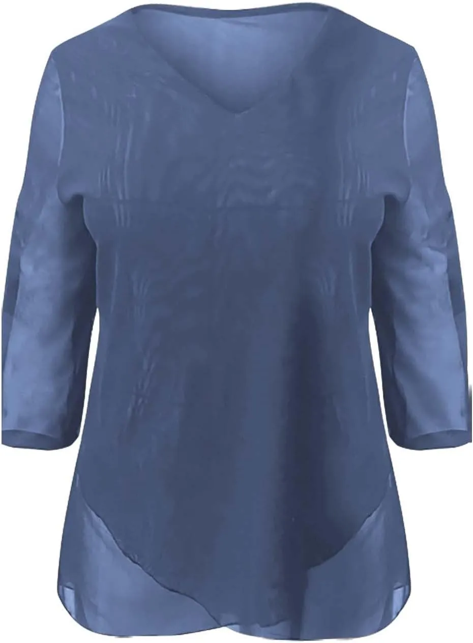 Womens Gauze T Shirts Summer Casual V Neck Long Sleeve Irregular Hem Mesh Sheer Tops Floral Print Boho Holiday Blouse