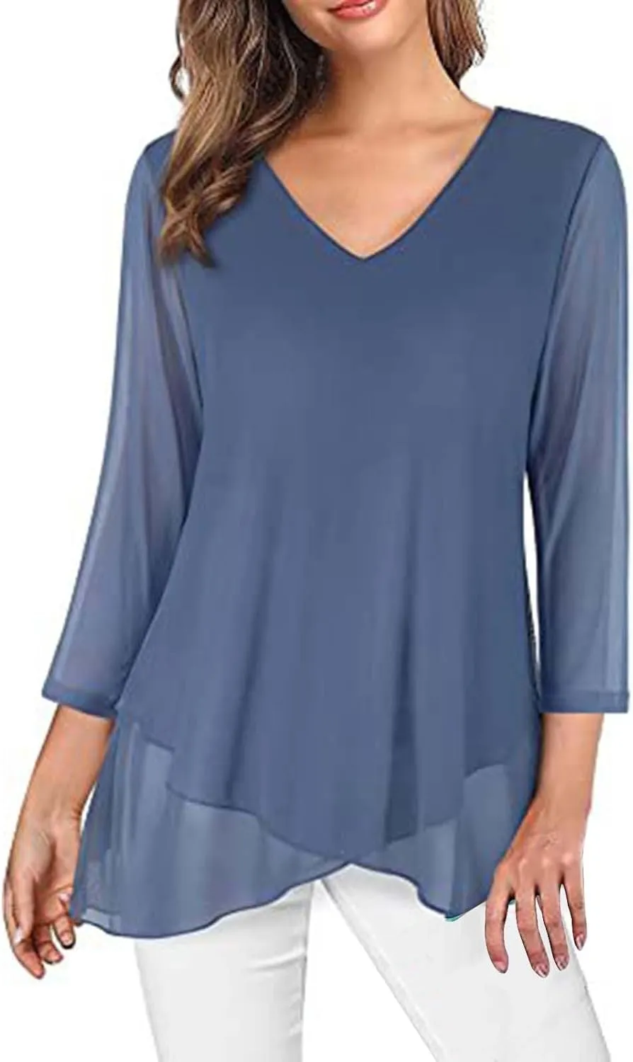 Womens Gauze T Shirts Summer Casual V Neck Long Sleeve Irregular Hem Mesh Sheer Tops Floral Print Boho Holiday Blouse