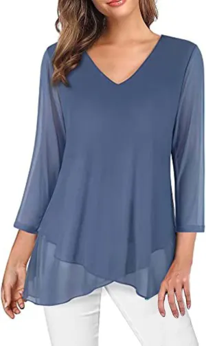 Womens Gauze T Shirts Summer Casual V Neck Long Sleeve Irregular Hem Mesh Sheer Tops Floral Print Boho Holiday Blouse